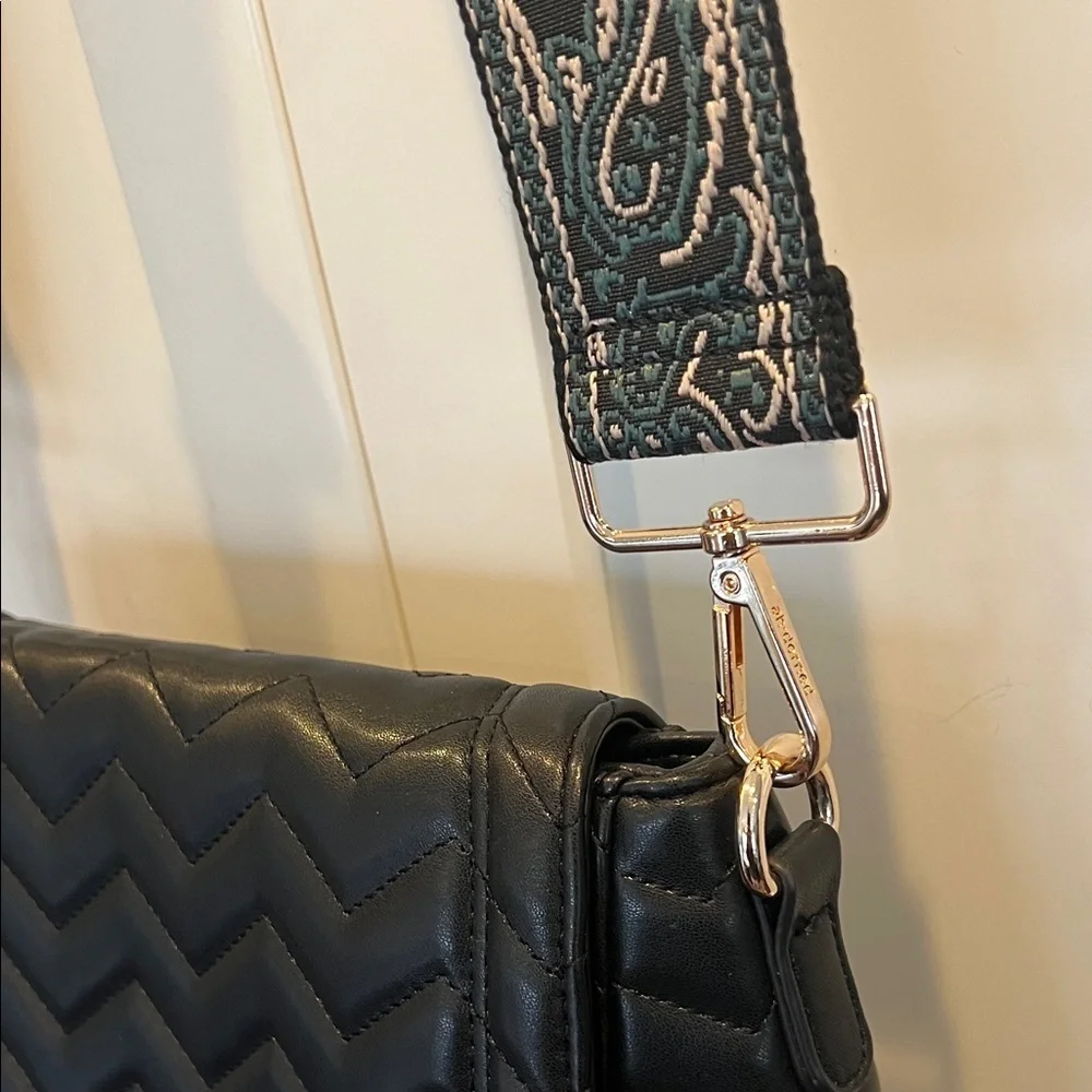 Black Quilted Chevron Crossbody Bag with Guitar style strap 9” X 11” X 4”